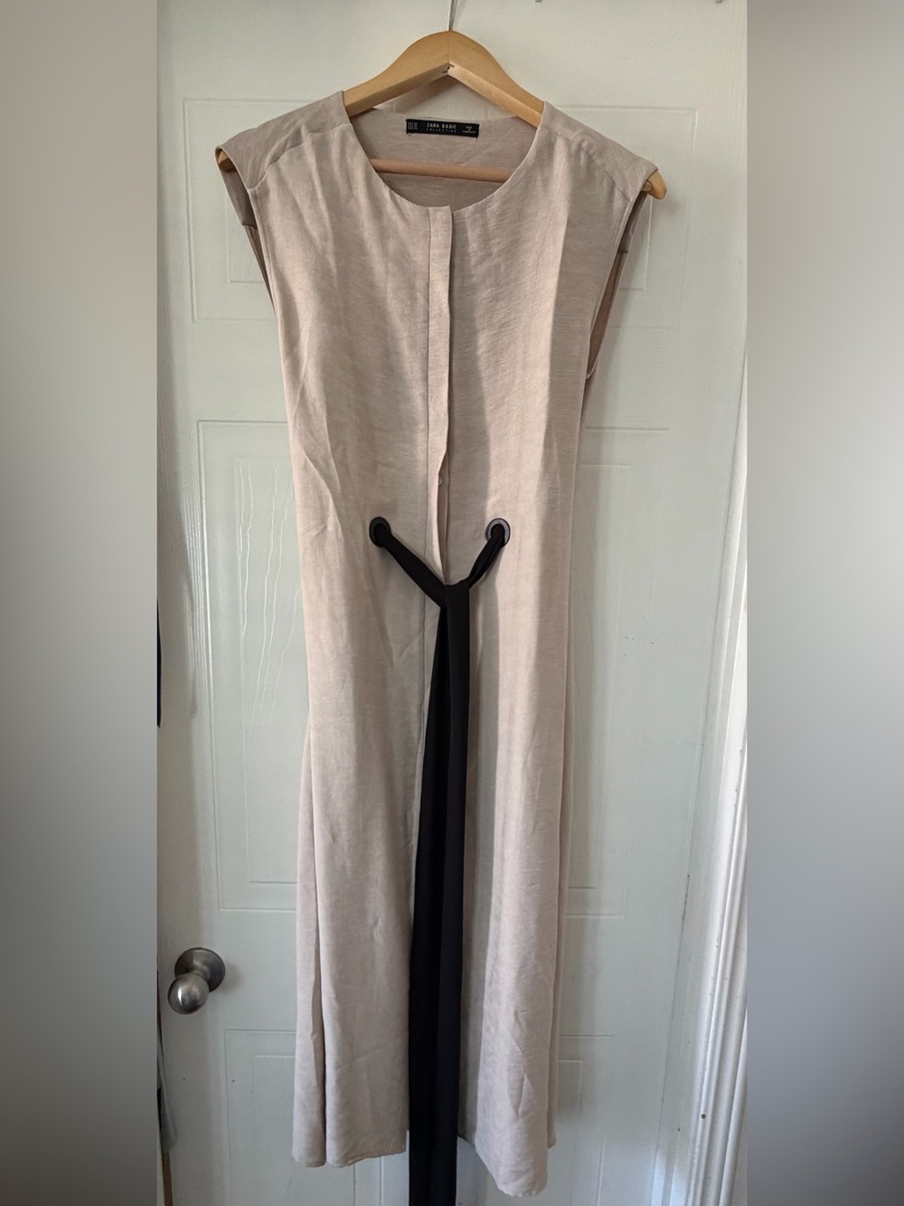 Zara Beige Midi Dress with Black Tie Detail